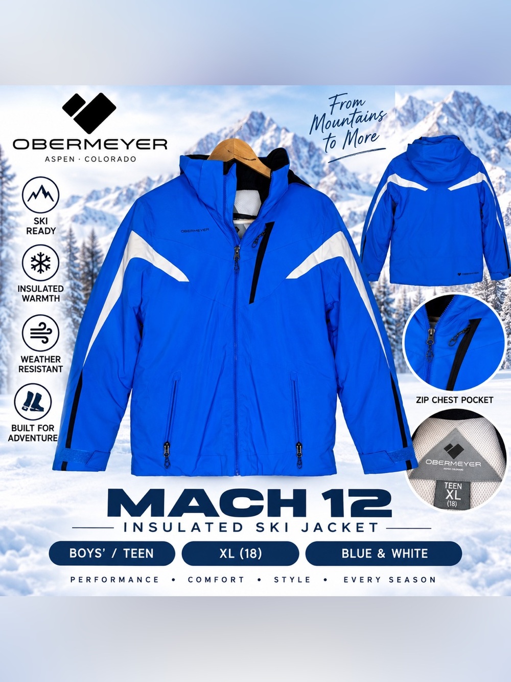Obermeyer Mach 12 Insulated Ski Jacket Boys Teen XL 18 Blue White Hooded